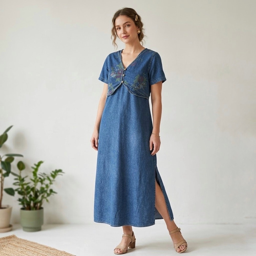 Vintage | Che Bella | Denim Floral Layered Maxi Dress Blue Medium Wash Size L - Picture 1 of 16